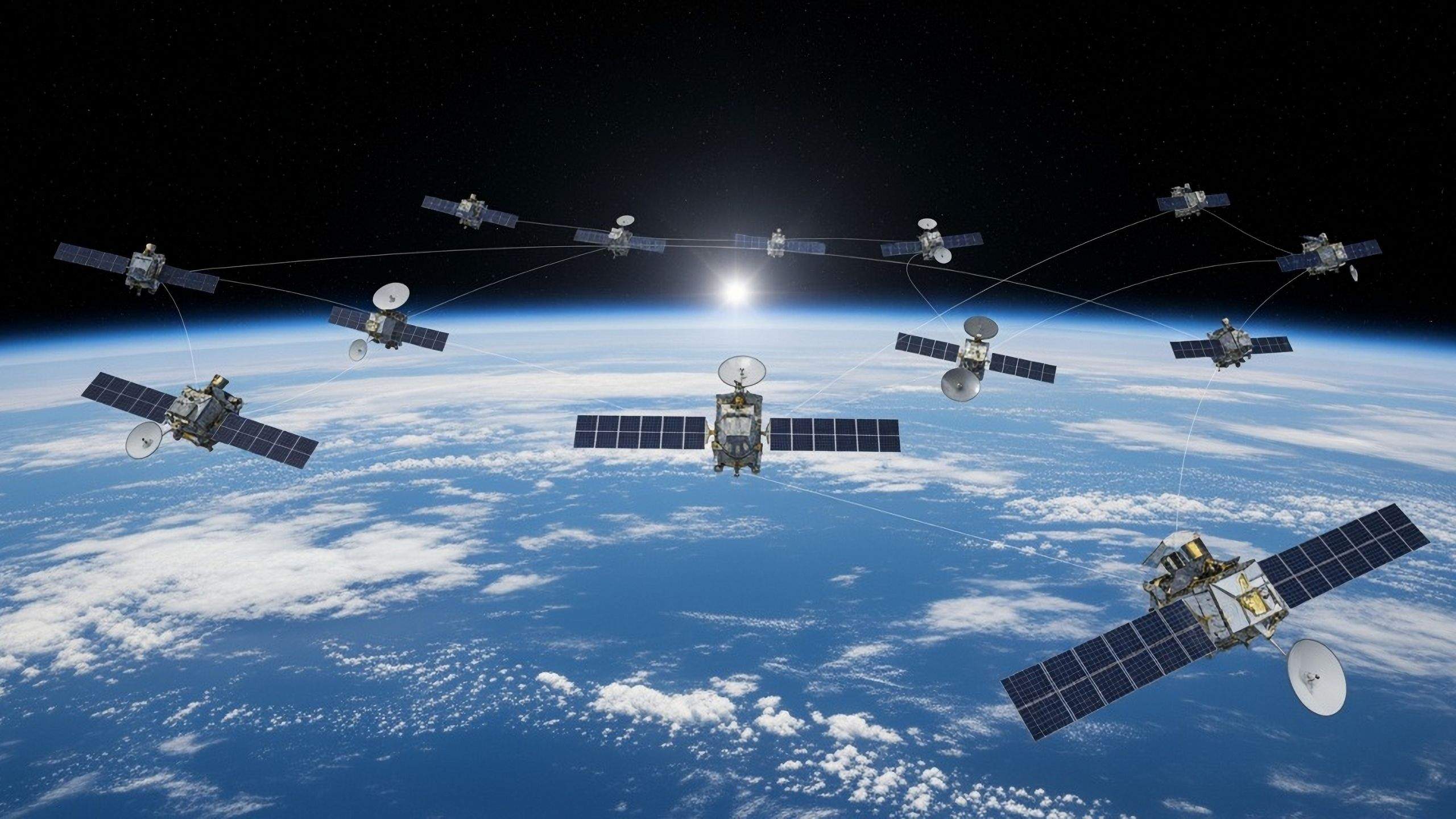 低軌星座軌道擁擠主題視覺：呈現密密麻麻的低軌衛星與太空碎片環繞地球的場景